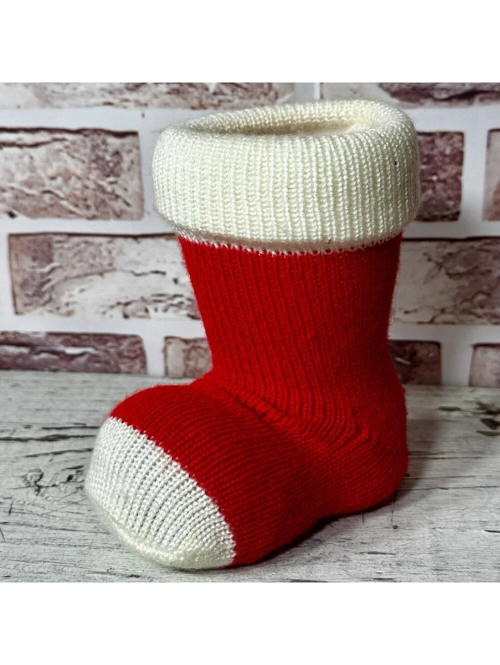 VTG Christmas Blow Mold Boot Container Stocking Santa Claus Knit Sock 5” x 4.5”